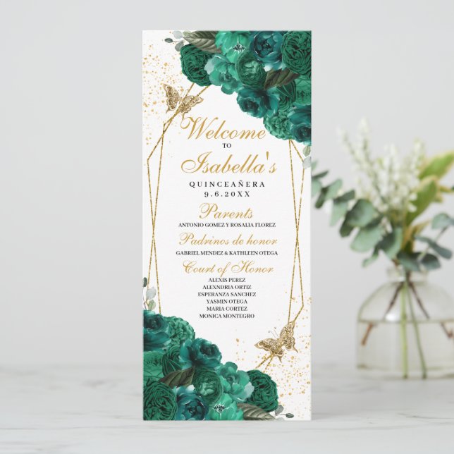 Emerald Green Floral Quinceanera Programme (Debout devant)