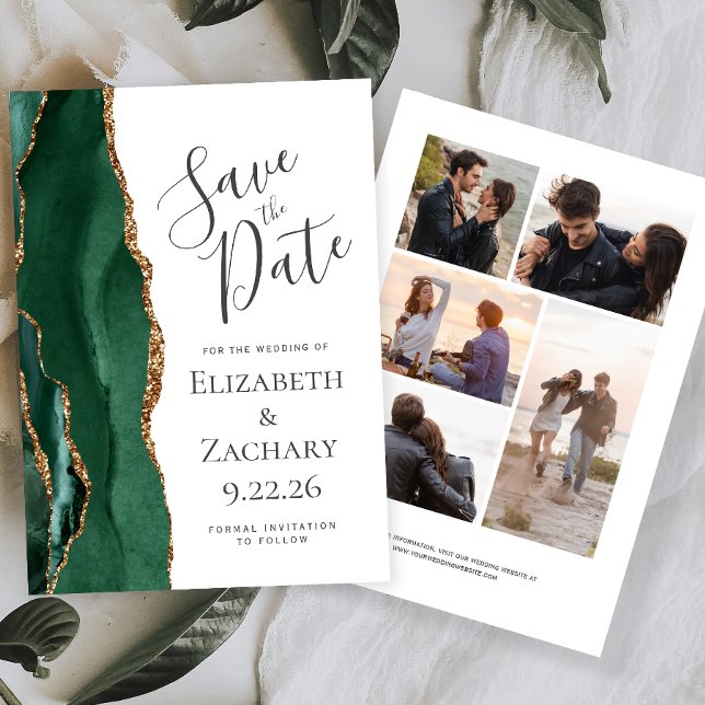 Emerald Green Gold Agate 5-Photo Save the Date (Créateur téléchargé)