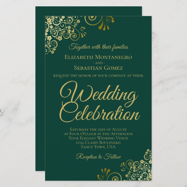 Emerald Green & Gold BUDGET Mariage Inviter Grand (Devant / Derrière)