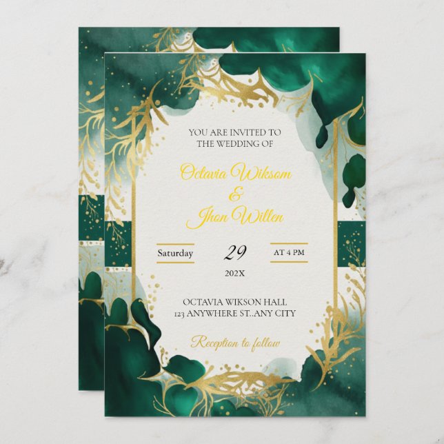 Emerald Green & Gold Elegant Wedding Invitation (Devant / Derrière)