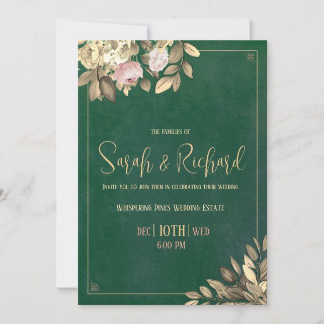 Emerald Green & Gold Faire-part de mariage (Devant)
