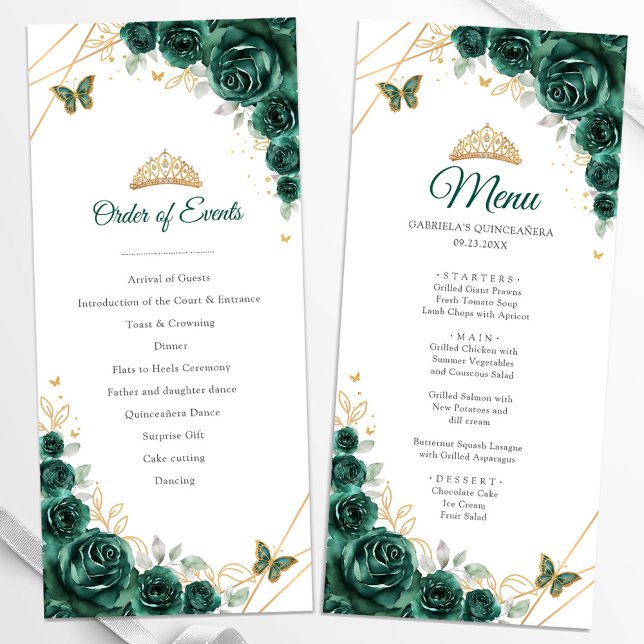 Emerald Green Gold Floral Quinceanera Menu du prog (Créateur téléchargé)