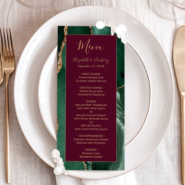 Emerald Green Gold Script Burgundy Wedding Menu (Créateur téléchargé)