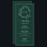 Emerald Green Leafy Crest Monogram Menu Mariage<br><div class="desc">Créez le cadre de réception parfait ! Nous aimons ce menu mariage de 4"x 9" vert émeraude moderne et tendance ! Simple, élégant et oh-so-joli, il présente une couronne feuilletée dessinée à la main encerclant un monogramme mariage moderne. Il est personnalisé en typographie élégante, et accentué par la calligraphie lettrée...</div>