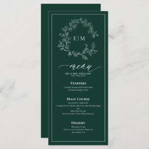 Emerald Green Leafy Crest Monogram Menu Mariage