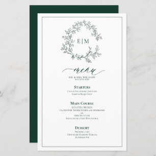 Emerald Green Leafy Crest Monogram Menu Mariage
