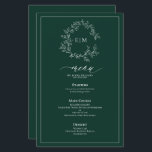 Emerald Green Leafy Crest Monogram Menu Mariage<br><div class="desc">Créez le cadre de réception parfait ! Nous aimons ce menu mariage moderne et tendance vert émeraude de 5, 5 po x 8, 5 po ! Simple, élégant et oh-so-joli, il présente une couronne feuilletée dessinée à la main encerclant un monogramme mariage moderne. Il est personnalisé en typographie élégante, et...</div>