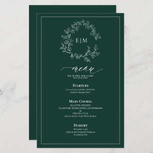 Emerald Green Leafy Crest Monogram Menu Mariage
