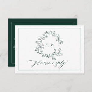 Emerald Green Leafy Crest Monogramme Mariage RSVP