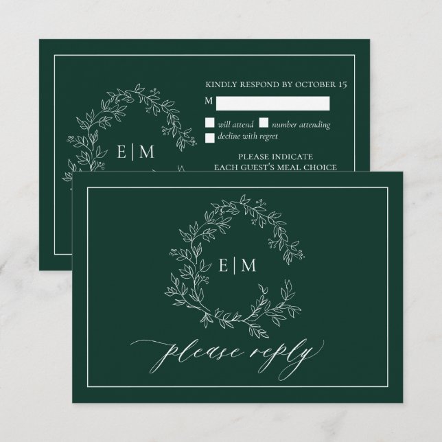 Emerald Green Leafy Crest Monogramme Mariage RSVP (Devant / Derrière)