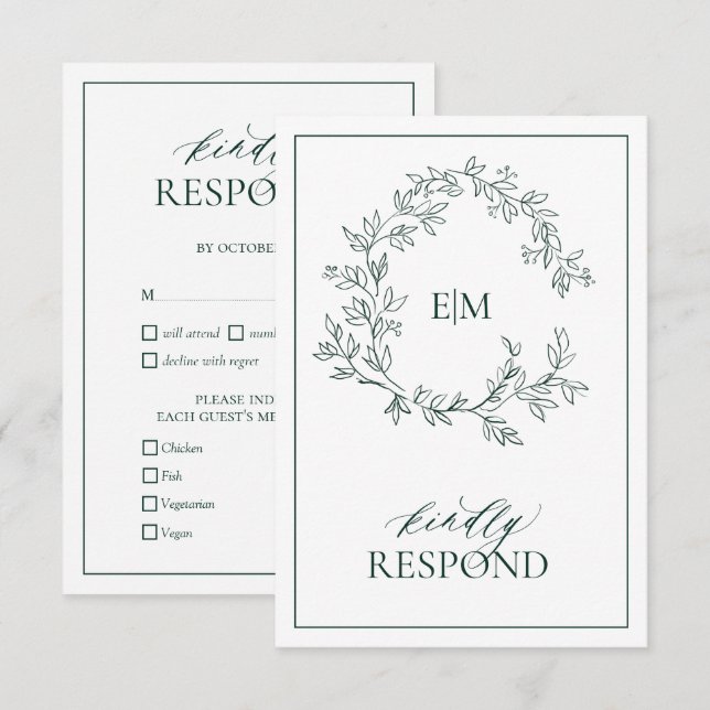 Emerald Green Leafy Crest Monogramme Mariage RSVP (Devant / Derrière)