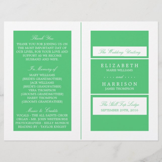Emerald Green Moderne Mariage Programme bi-pli (Devant)