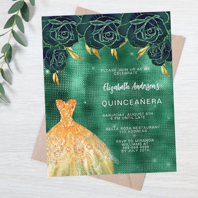 Emerald green or robe Quinceanera invitation (Créateur téléchargé)