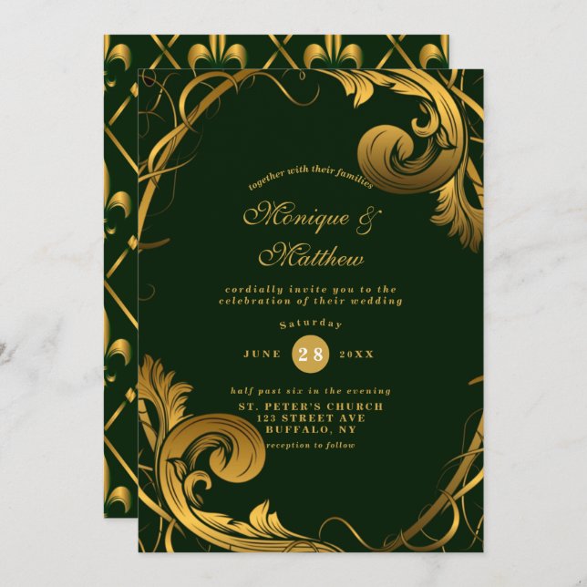 Emerald Green Ornament mariage Invitations (Devant / Derrière)