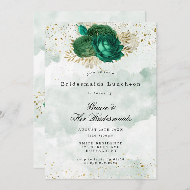 Emerald Green Peony Bridesmaids Luncheon Invitatio (Devant / Derrière)