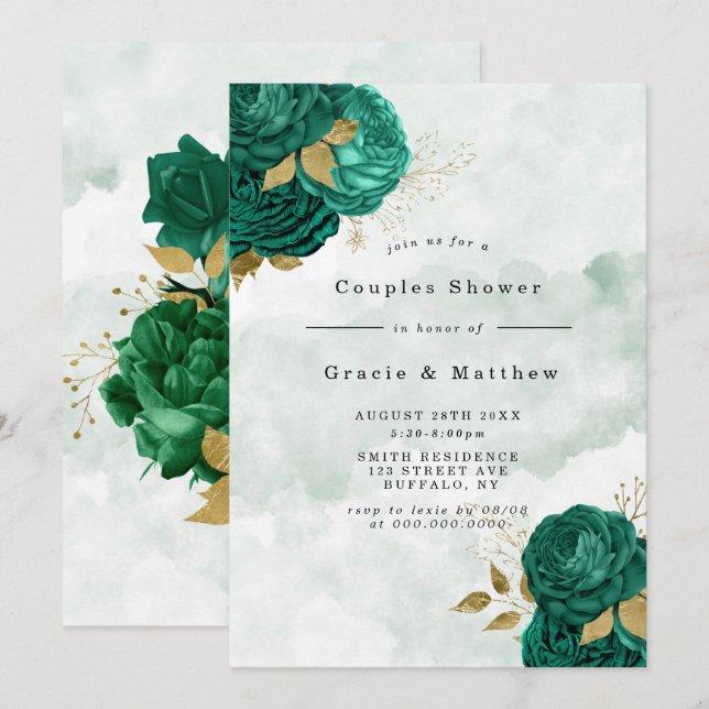 Emerald Green Peony Gold Couples Invitations de do (Devant / Derrière)