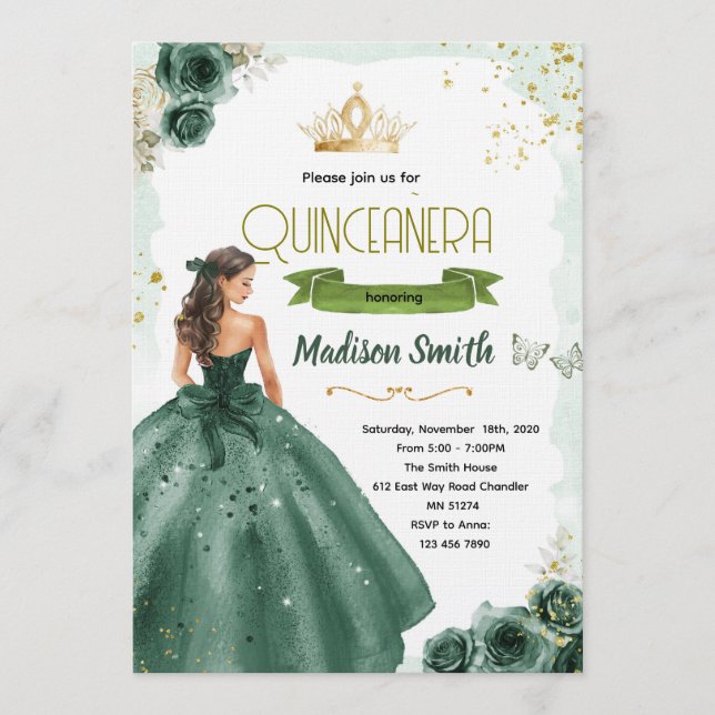 Emerald green quinceañera invitation  (Devant)