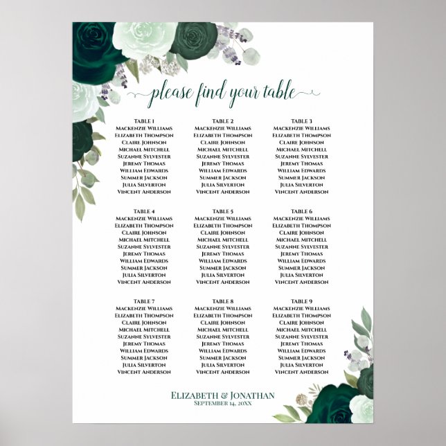 Emerald Green Roses 9 Tableau Mariage de table (Devant)