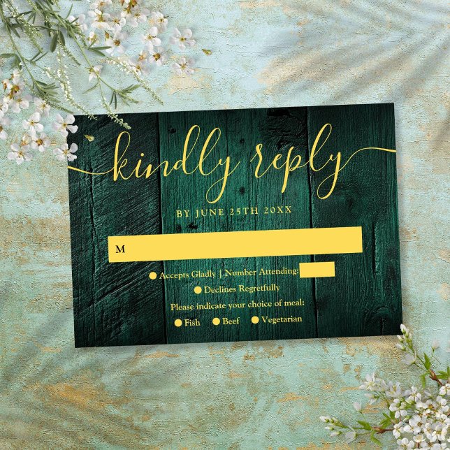 Emerald Green Rustic Grange Boho Boho mariage RSVP (Emerald Green Rustic Barn Wood Boho Wedding RSVP)