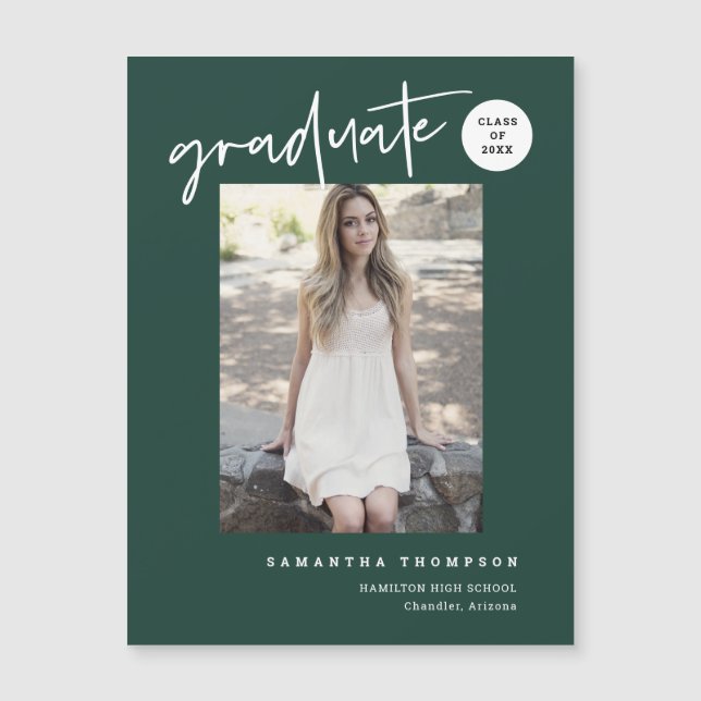 Emerald Green Script School Graduate Photo Magnet (Devant)