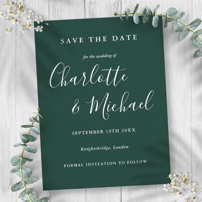 Emerald Green Script Wedding Enregistrer la carte  (Emerald Green Script Wedding Save the Date Card)