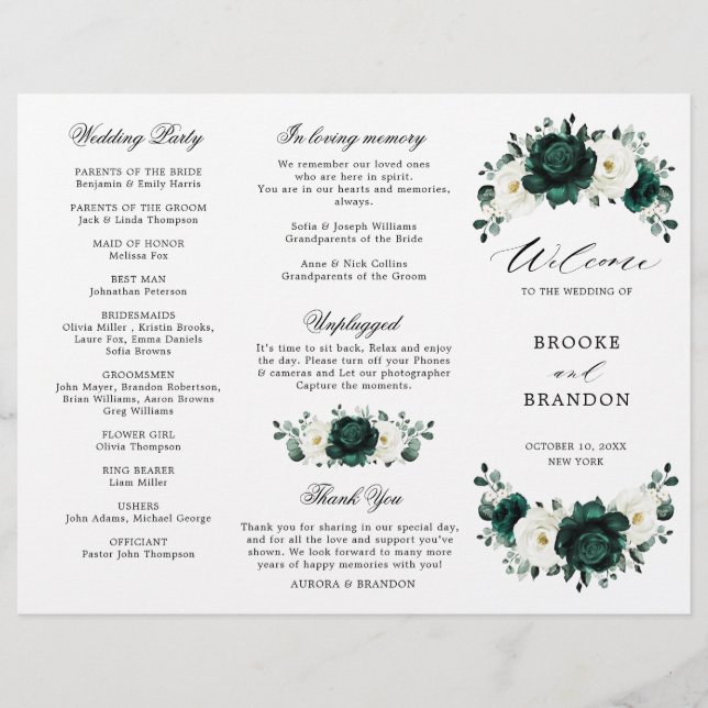 Emerald Greenery Floral Mariage Tri-Fold Programme (Devant)