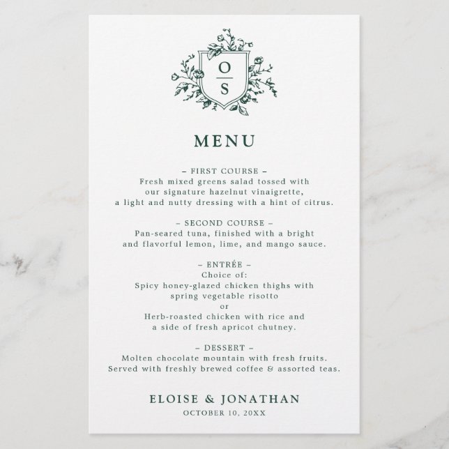 Emerald Greenery Vintage Botanical Mariage Menu (Devant)