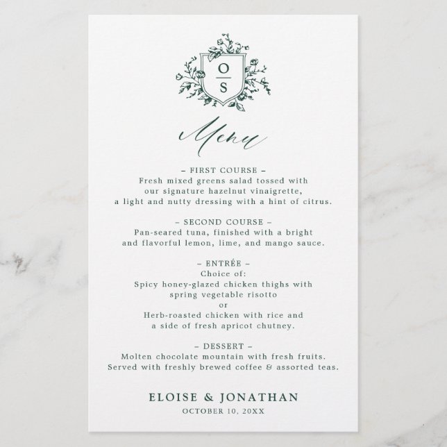 Emerald Greenery Vintage Botanical Mariage Menu (Devant)