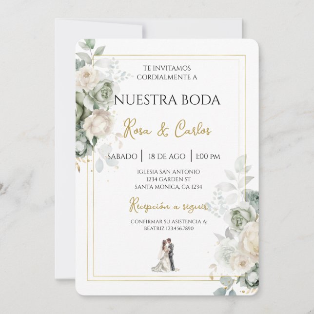 Emerald sage Spanish Wedding Invitation (Devant)