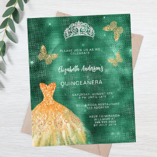 Émeraude robe vert or tiara budget Quinceanera