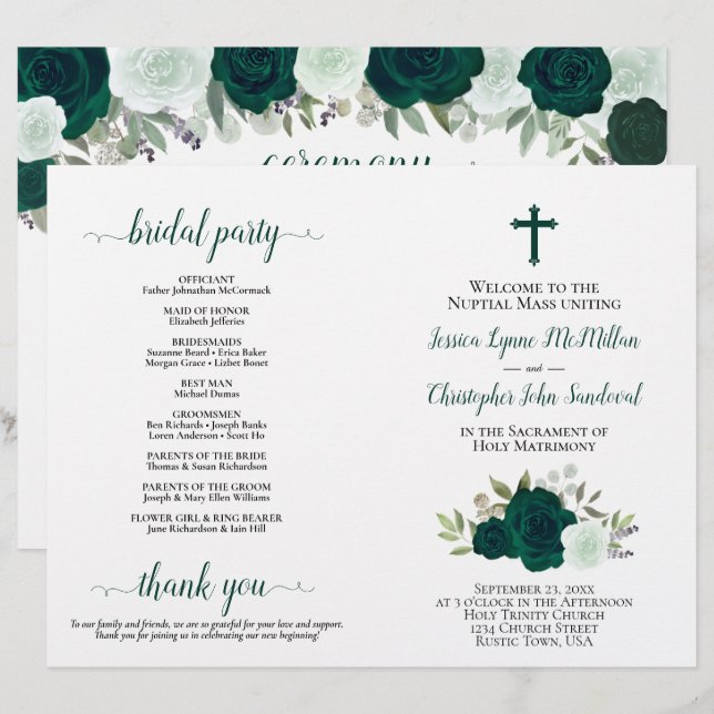 Émeraude Roses Programme de Mariage Catholique Pli (Devant / Derrière)