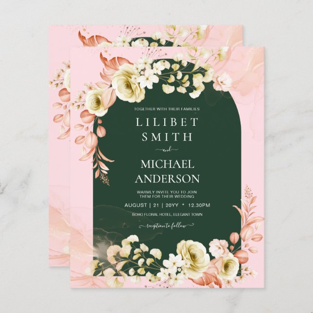 Émeraude saison PINK Green Floral Mariage invite (Devant / Derrière)