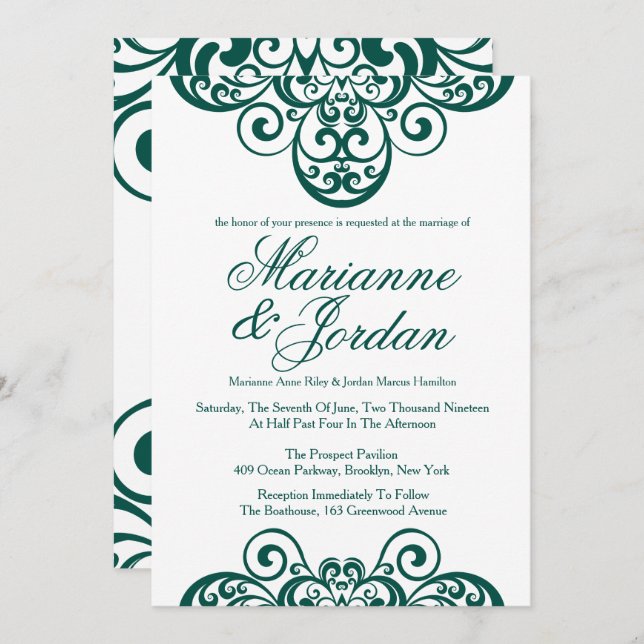 Émeraude Vert Émeraude Ornate Invitations de maria (Devant / Derrière)