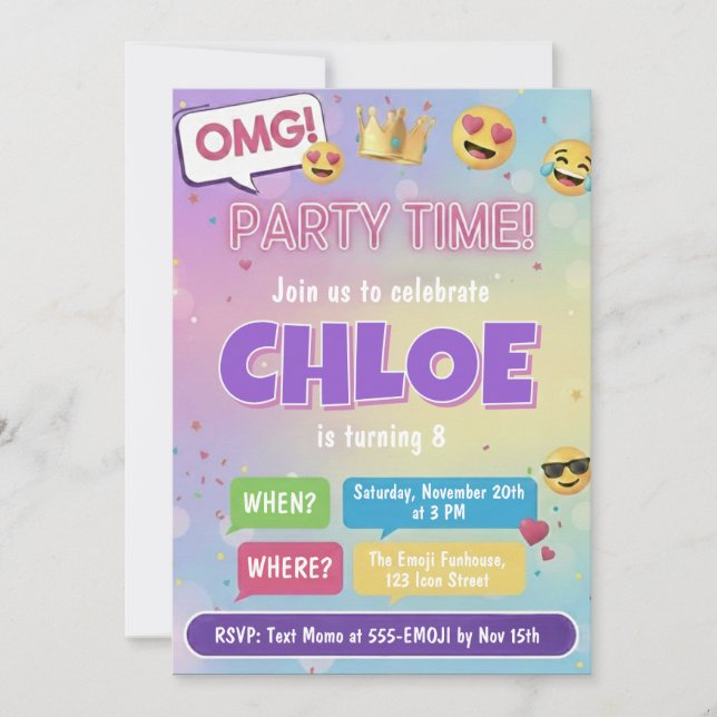 Emoji Party Birthday Invitation Neon Kids Theme (Devant)