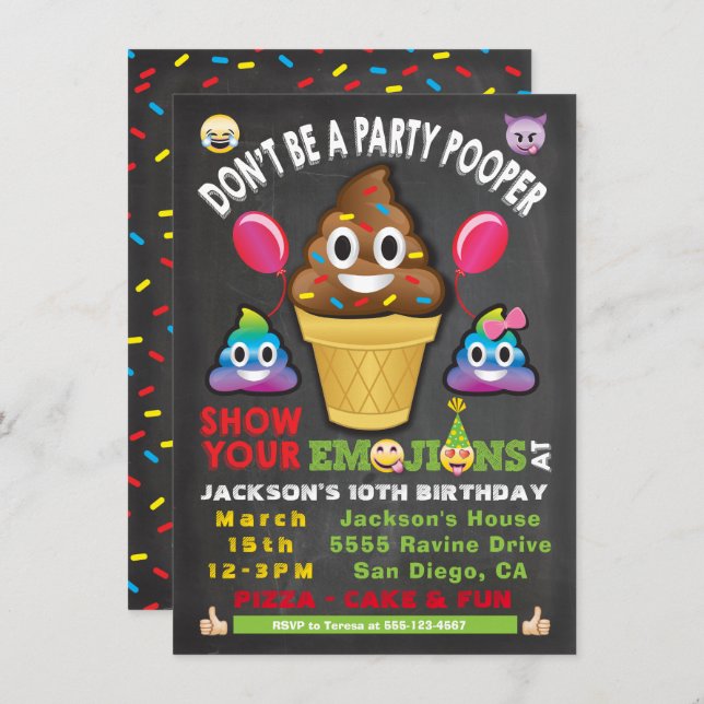 Emoji Party Icecream Pooper Invitation Anniversair (Devant / Derrière)