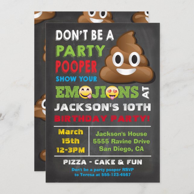 Emoji Party Pooper Birthay Invitation (Devant / Derrière)