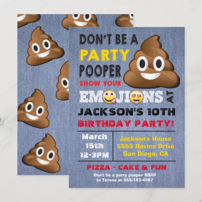 Emoji Party Pooper Birthay Invitation (Devant / Derrière)