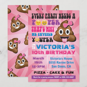 Emoji Party Pooper Girl Birthay Invitation