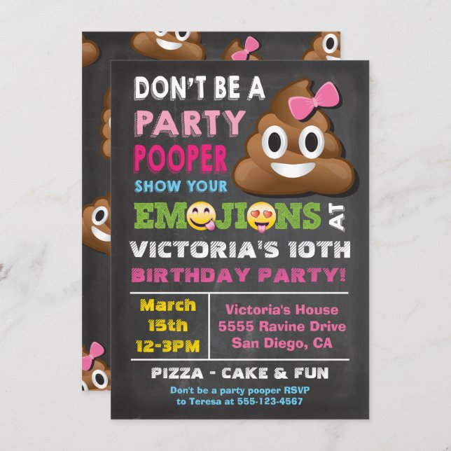 Emoji Party Pooper Girl Birthay Invitation (Devant / Derrière)