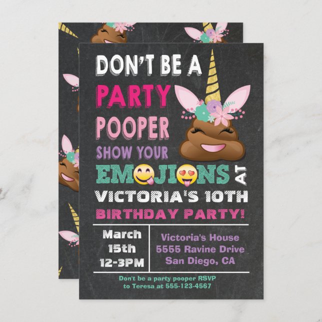 Emoji Party Pooper Unicorn Birthay Invitation (Devant / Derrière)