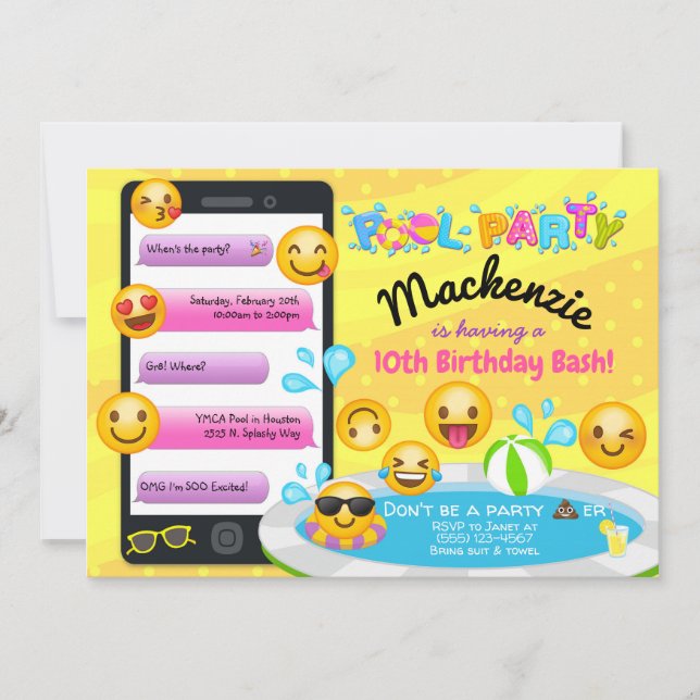 Emoji Pool Party Anniversaire Invitations (Devant)
