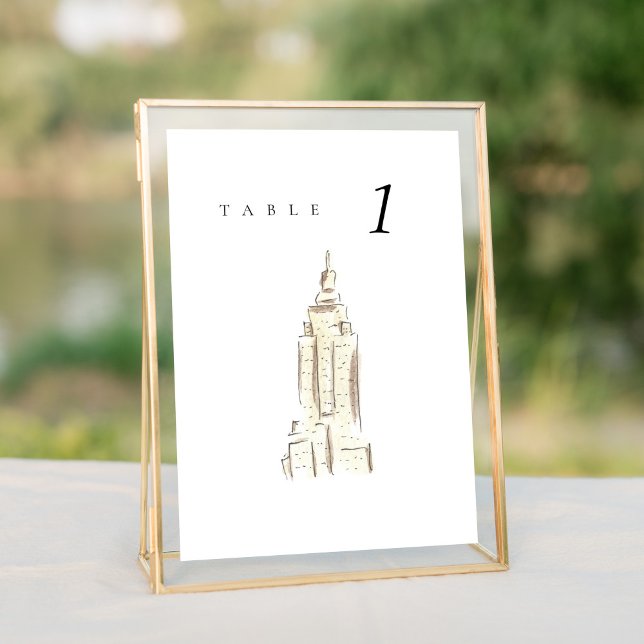 Empire State Building NYC Mariage Numéro de table (Watercolor Empire State Building New York City Skyline wedding table number sign.)