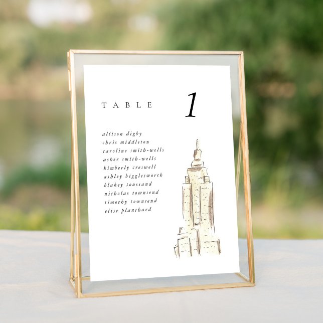 Empire State Building NYC Mariage Seating Chart (Watercolor Empire State Building chic New York City skyline wedding table number cards.)