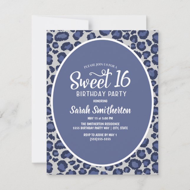 Empreinte de léopard bleu Sweet 16 Invitation (Devant)