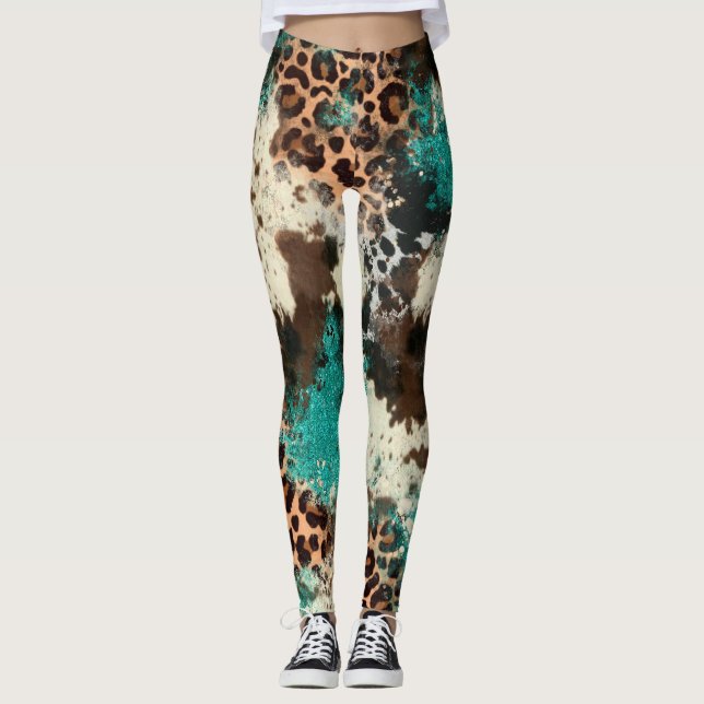 Empreinte de léopard de vache Turquoise Leggings f (Devant)