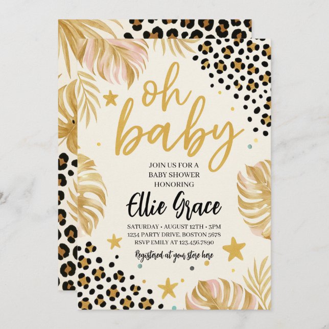 Empreinte de léopard d'or Safari Invitation Baby s (Devant / Derrière)