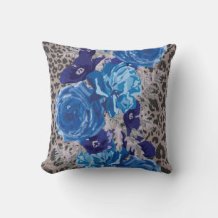 Empreinte de léopard Floral bleu Coussin décoratif