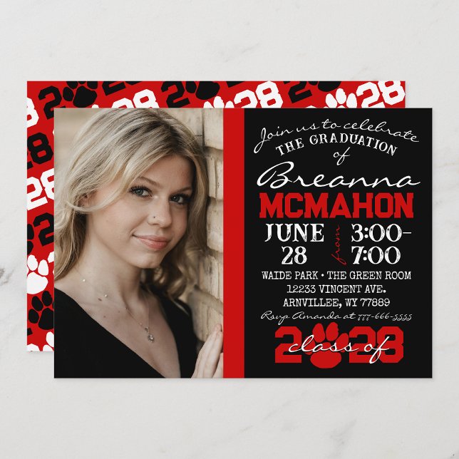 Empreinte de patte noir et rouge - Invitation phot ( Repeating Class Year 1 & 2 Photo Graduation Invitations & Announcements)