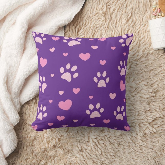 Empreinte de patte rose et blanc et coeur Coussin  (Couverture)