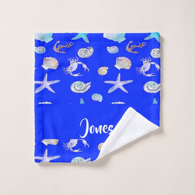 Empreinte nautique de nom personnalisé en bleu (Gant de toilette)